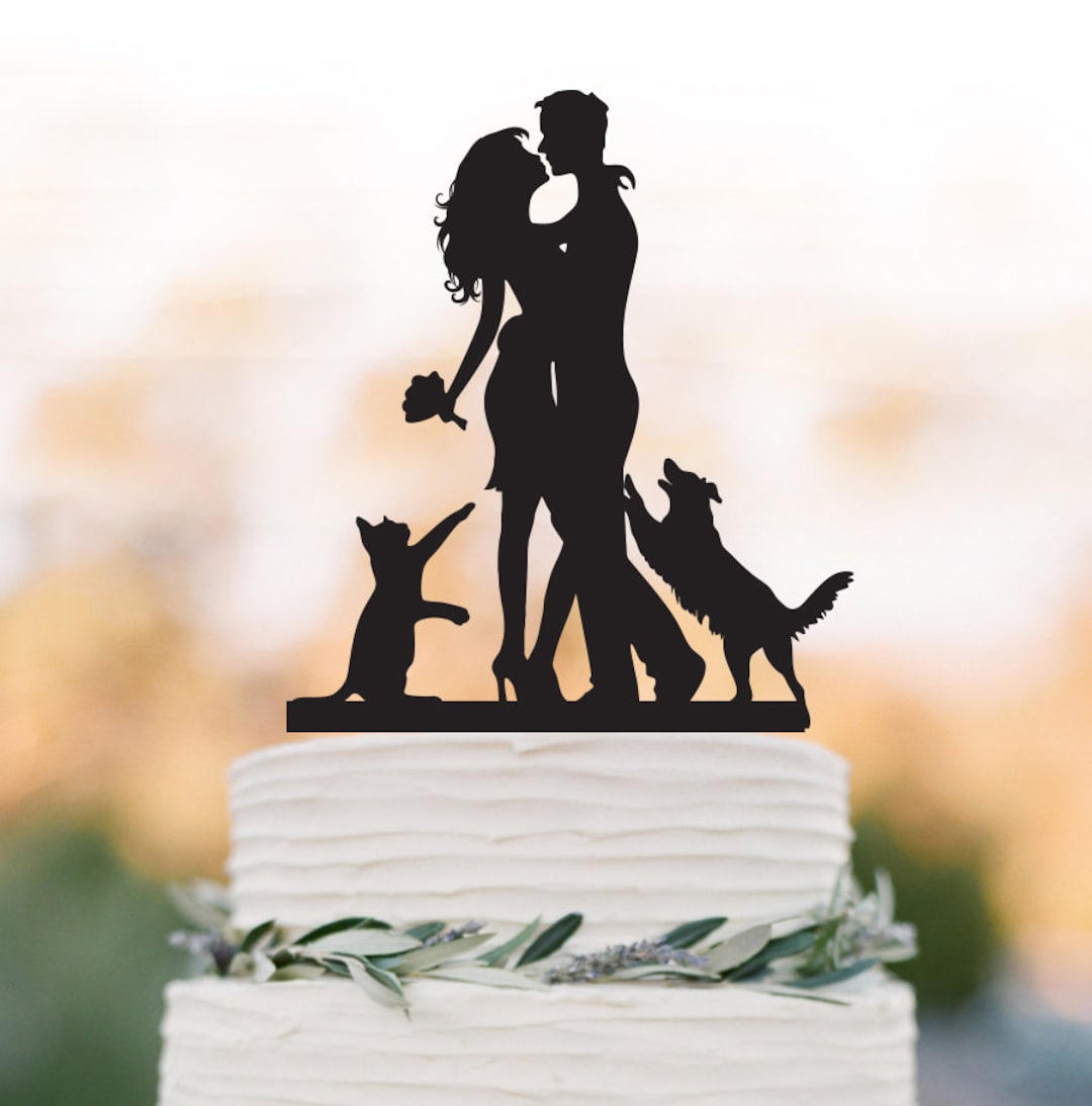 Wedding Cake Topper With Dog and Cat, Dog Jumping Groom Silhouette ...