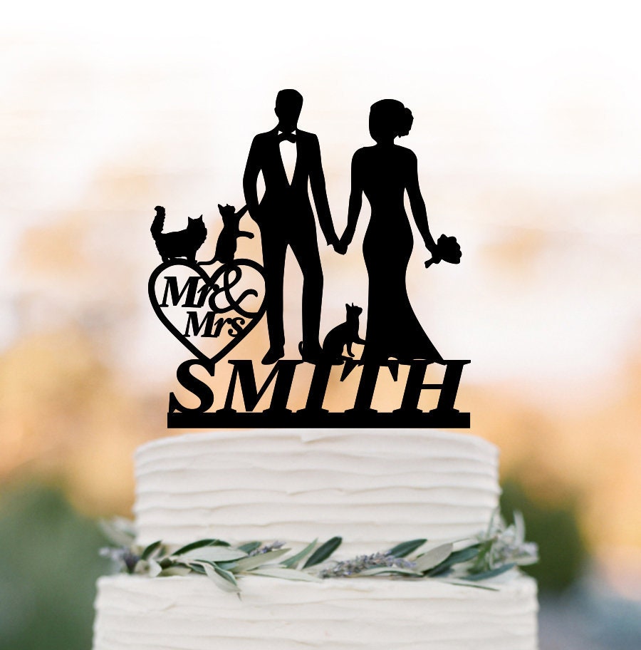 Personalized Wedding Cake topper with 3 cats, bride and groom with mr and m...