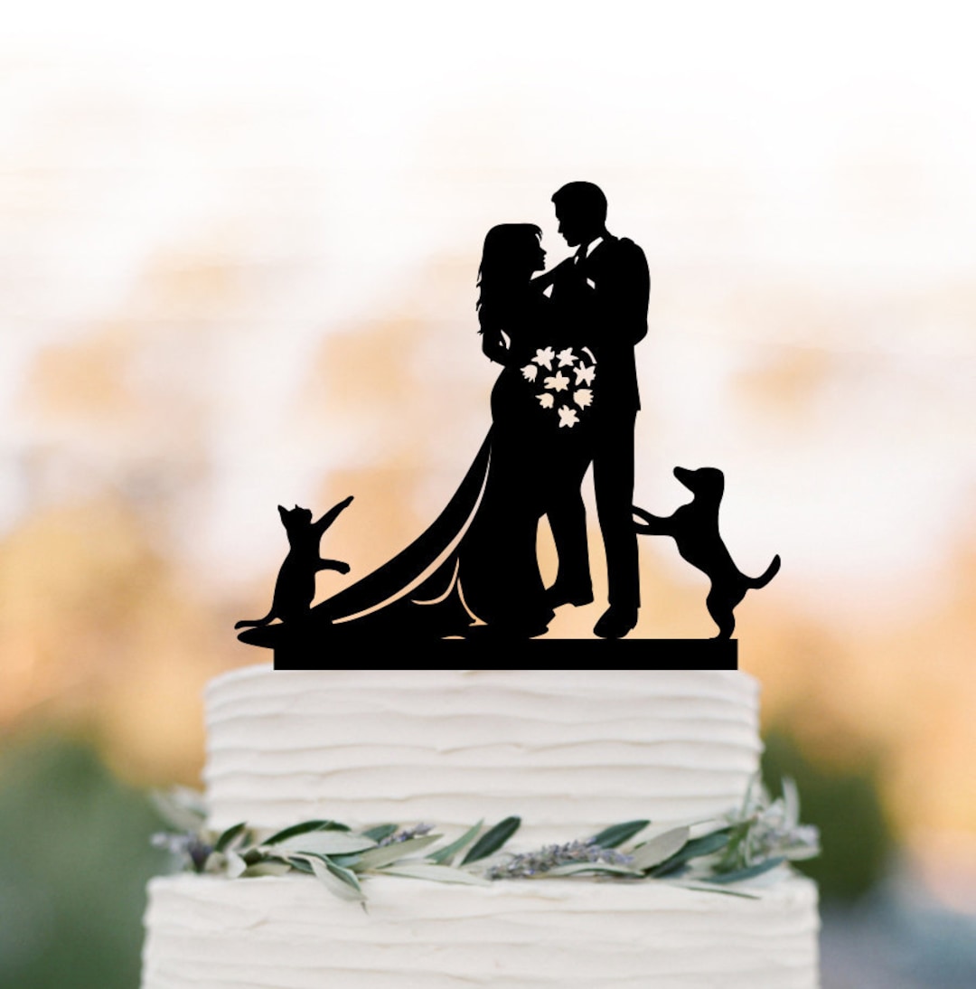 Silhouette Wedding Cake Topper, Bride and Groom Cake Topper With Dog ...