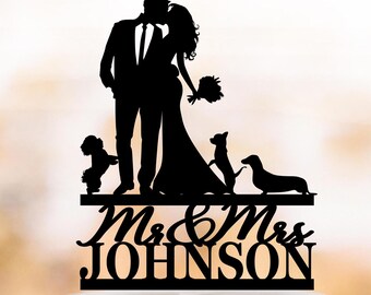 Cake topper with dogs, Wedding cake topper with three dogs, Dogs cake topper, Bride and Groom cake topper with custom surname topper Mr mrs