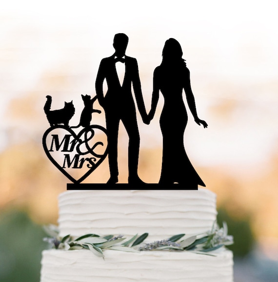 Romantic Acrylic Black Bride Groom Silouhette With Two Cats Wedding Cake Topper 