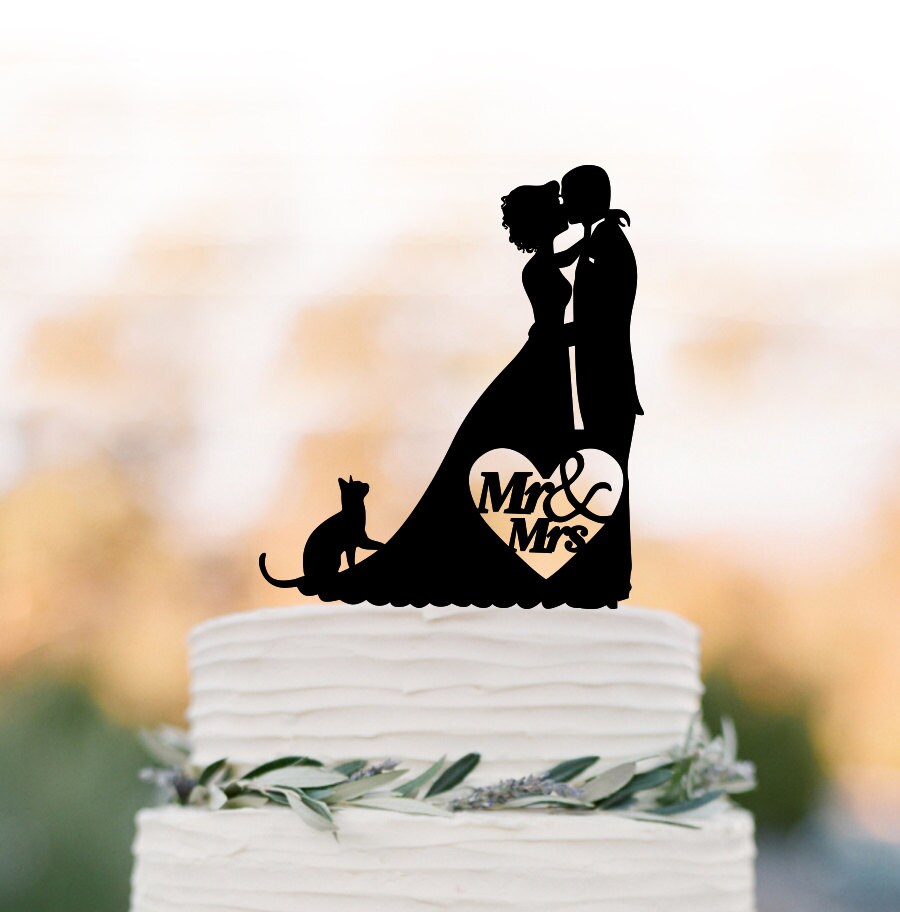Bride and Groom Silhouette Wedding Cake Topper, Acrylic Cat Cake Topper ...