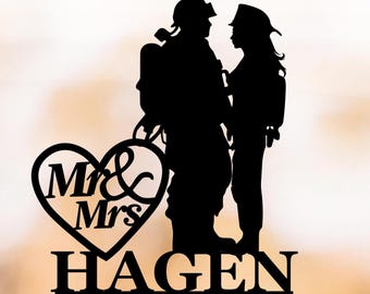 Personalized Firefighter Wedding Cake Topper, Mr and Mrs with Firefighter Couple, Custom Wedding Decor, Unique Cake Topper