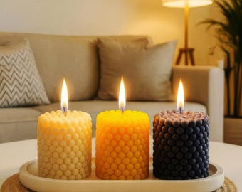 Handmade Bubble Pillar Candle Trio with Display Tray – Decorative strawberry scented Candles for Christmas Gifts & Cozy Home Styling,
