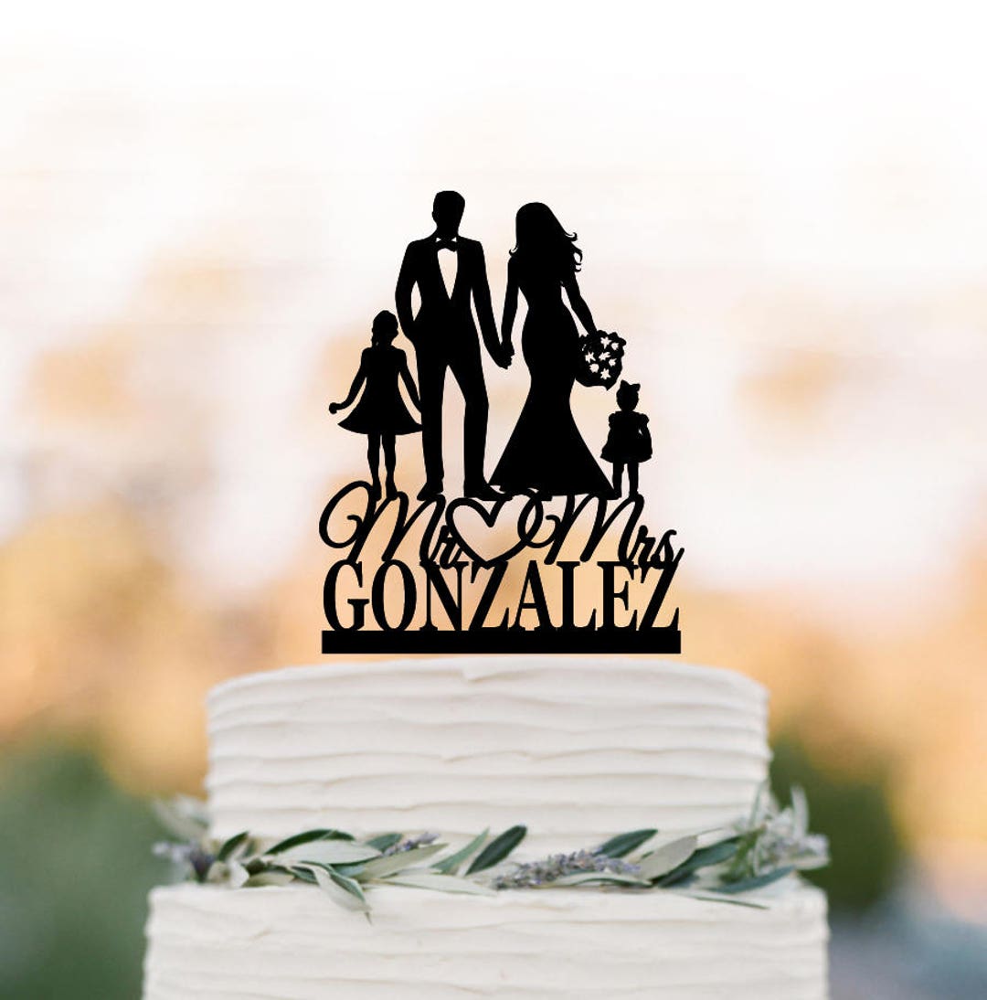 Bride and Groom Two Daughter Family Silhouette Wedding Cake Topper With ...