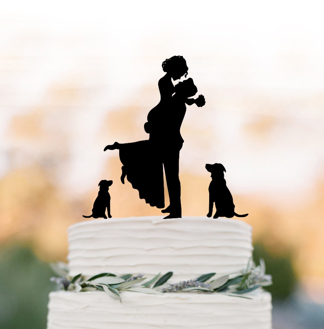 Custom Wedding Cake Topper - Bride & Groom Silhouette With 2 Dogs, Acrylic Or Wood, Laser Cut - View #8