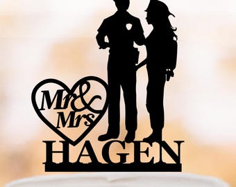 Firefighter and Police Wedding Cake Topper, Custom name and Mr & Mrs with Heart, Personalized Wedding Decor wedding gift unique cake decor