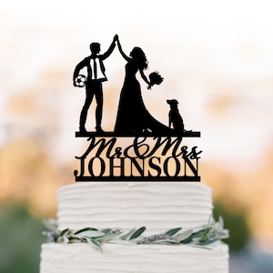 Adorno para tarta de bodas de fútbol con perro, boda de jugador de fútbol, señor y señora con nombre personalizado, regalo de despedida de soltera,