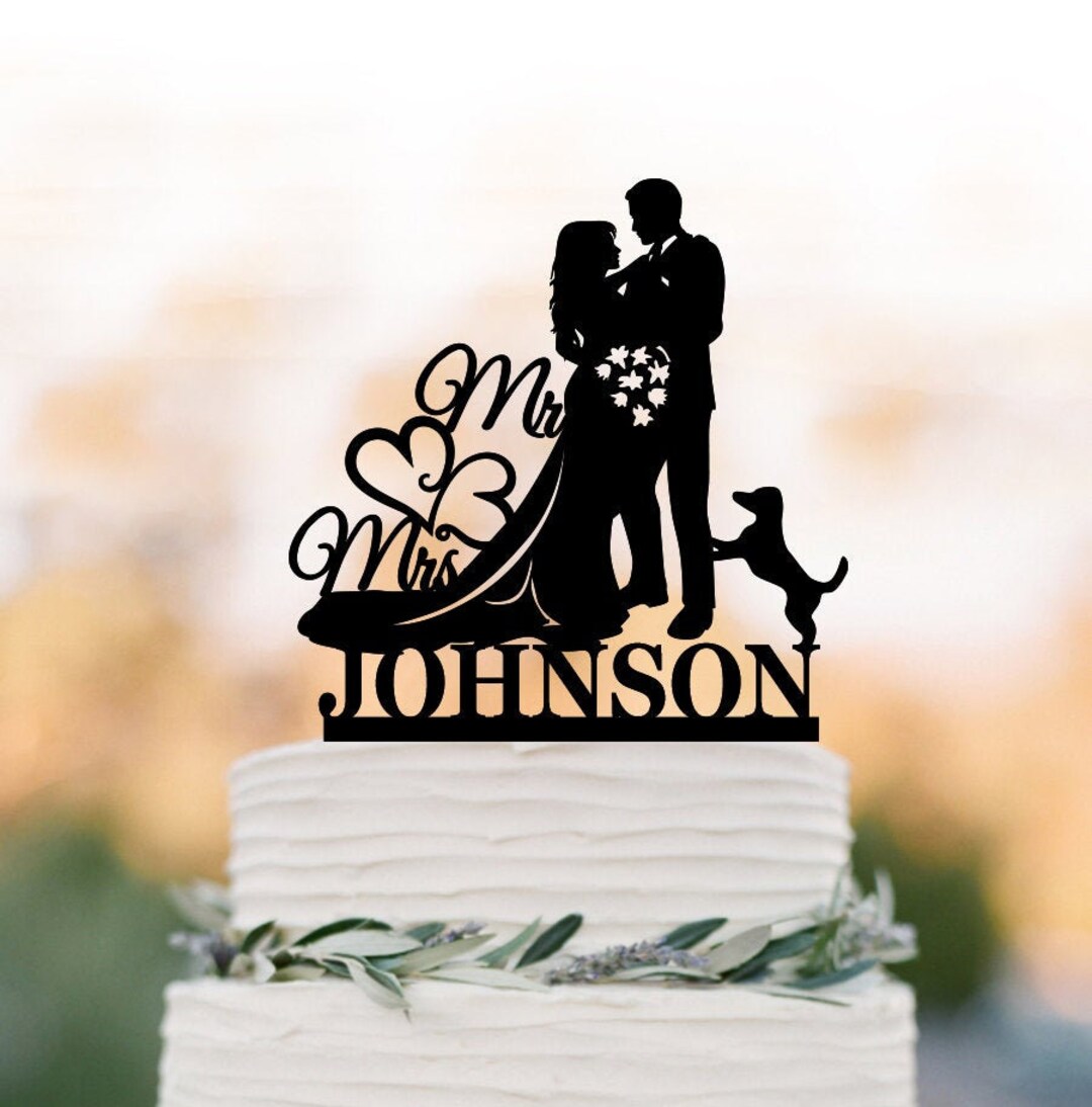 Silhouette Wedding Cake Topper, Bride and Groom Cake Topper With Dog ...