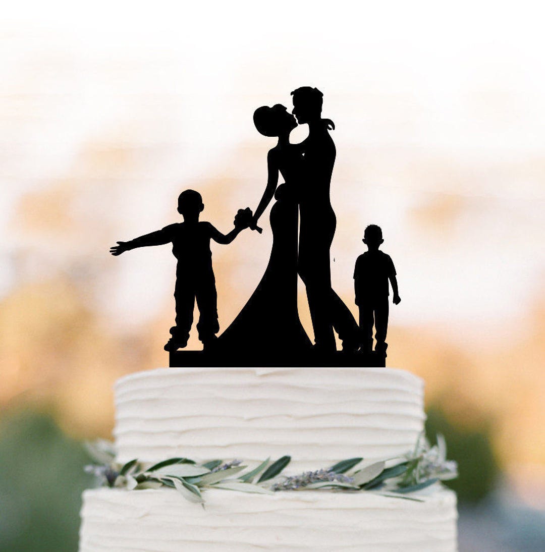 Family Wedding Cake Topper With Two Boys, Bride and Groom Silhouette ...