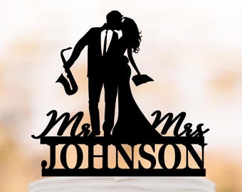 Saxophone Wedding Cake Topper with book,Personalized Saxophonist Wedding Cake Topper, bride and groom silhouette book cake topper