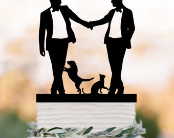 Mr & Mr Wedding Cake Topper with Dog and Cat, Gay Couple Pet Family Cake Topper, Same Sex Wedding Silhouette  LGBTQ Wedding Topper