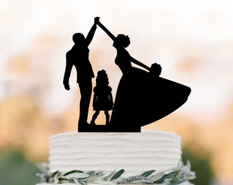 bride and groom high five Wedding Cake topper with child, family silhouette wedding cake topper with  girls cake topper