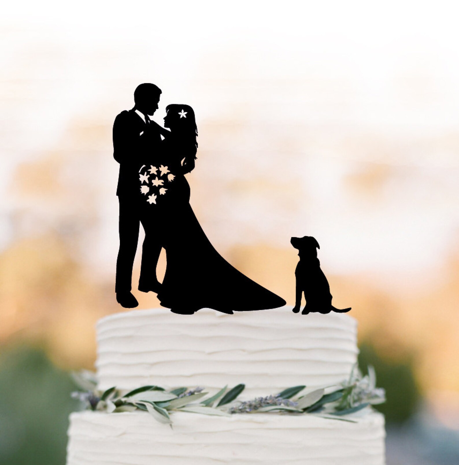 Bride and Groom Silhouette Wedding Cake Topper With Dog, Custom Dog ...