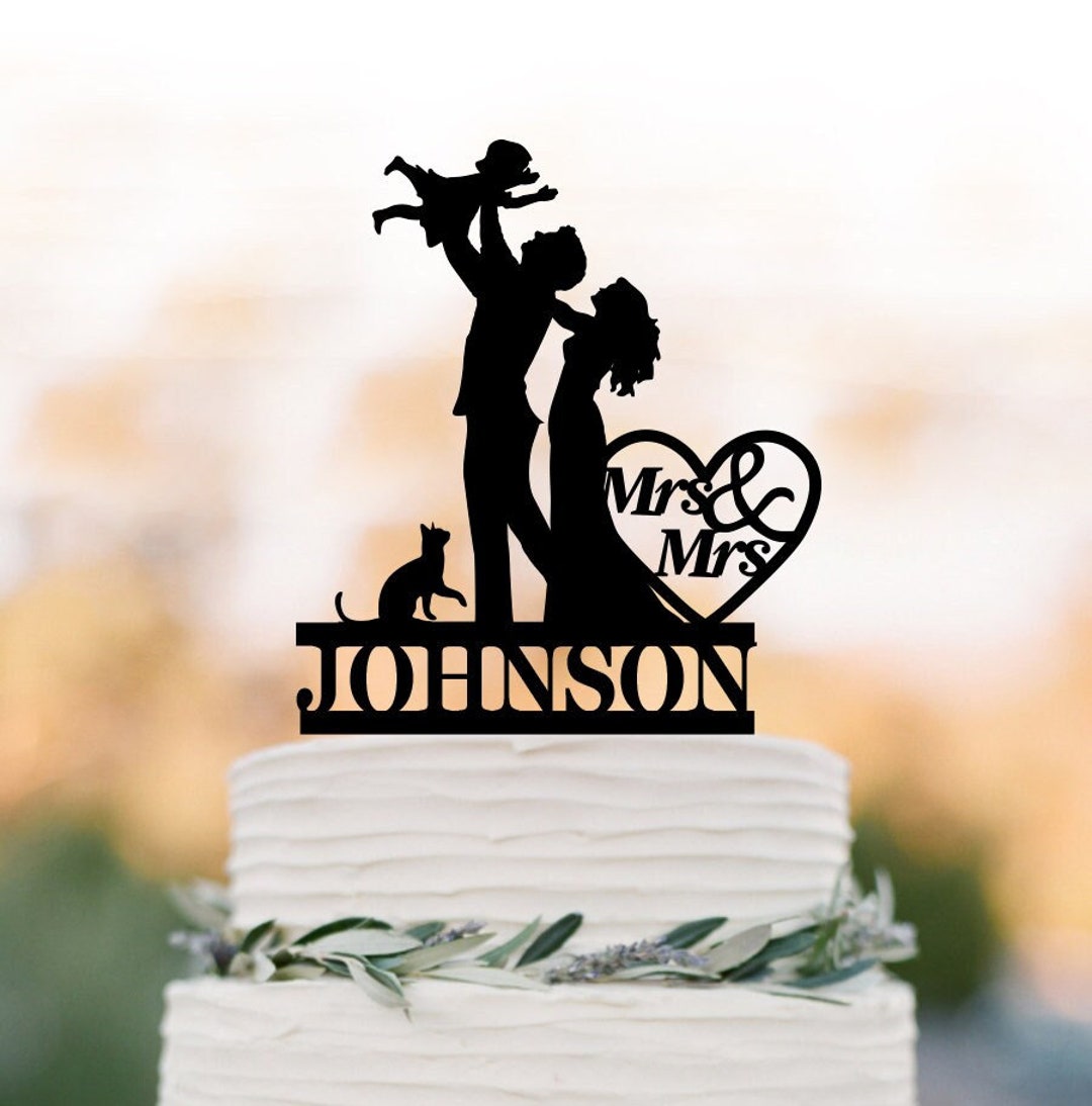 Family Wedding Cake Topper With Baby Girl, Bride and Groom Silhouette ...