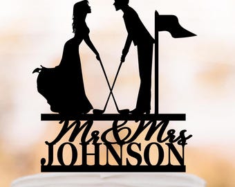 Golf players wedding Cake Topper bride and groom silhouette, sport Cake decor, sport lover wedding gift, personalized topper Mr and mrs