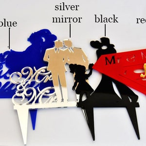 Acrylic Wedding Cake topper mr and mrs, bride and groom silhouette, personalized cake topper name, funny initial cake topper figurine image 2