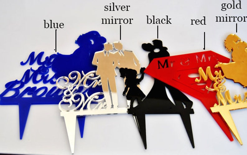 Acrylic Wedding Cake topper mr and mrs, bride and groom silhouette, personalized cake topper name, funny initial cake topper figurine image 2