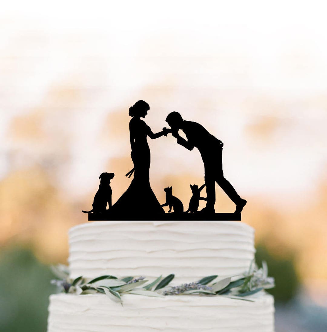 Wedding Cake Topper Dog and 2 Cats, Bride and Groom Cake Topper for