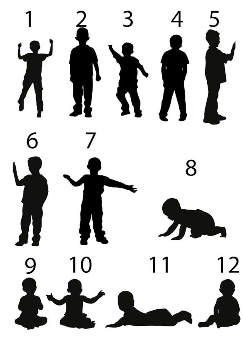 May include: Black and white silhouette images of children in various poses, numbered 1 through 12.