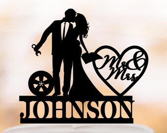Personalized Wedding Cake Topper, Mechanic Groom and Bride with Book, Mr & Mrs Custom Topper