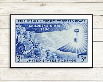 Large blue wall art, childrens room art, vintage world peace poster, kids room art, educational art, classroom decor, friendship wall decor