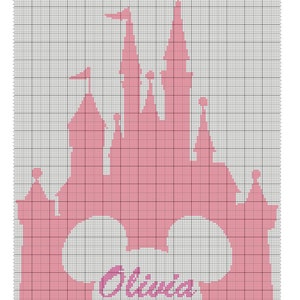 Può includere: Motivo a punto croce rosa e bianco di un castello Disney con orecchie di Topolino e il nome Olivia scritto in viola.