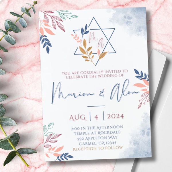 Personalize Jewish Wedding Invitation for Jewish Couples Ketubah Ceremony Minimalist Blue Pink Pastel Floral Design for Wedding Invitation