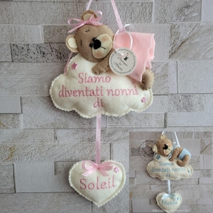 Birth bow, felt birth cockade to give to grandparents with an embroidered heart and the name of the baby boy/girl or twins