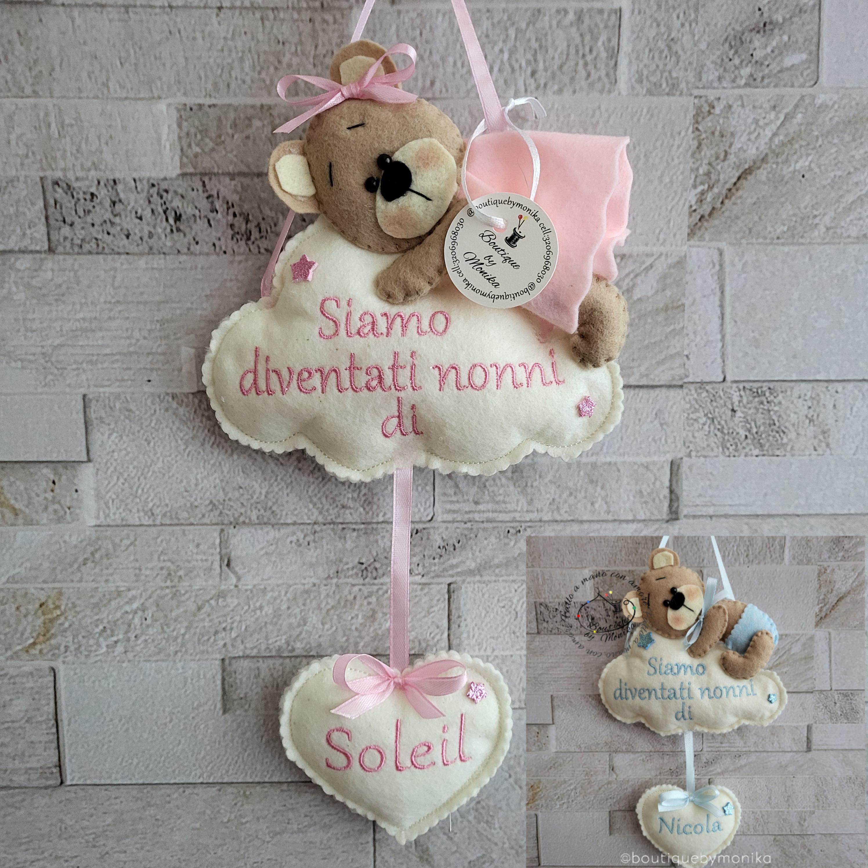 Fiocco Nascita Rosa Con Ricamo Cuore E Orsetto - Artigianale In Tulle, 28x12 Cm - Foto 8