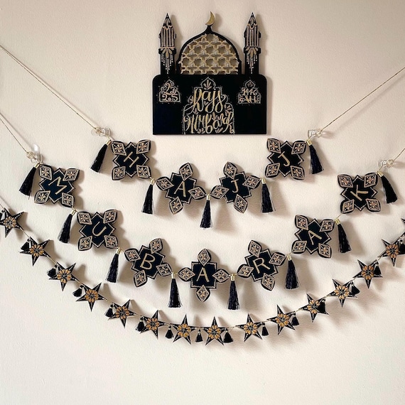 Decorazioni Ramadan Mubarak - Striscione E Stelle Nero/Oro, Per Celebrazioni Eid - Foto 2