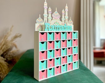 Dawn Ramadan Countdown Activity Calendar MDF | Gold Ivory Mint Green Pink | Hand-Painted Eid Gift Kids Children Activity