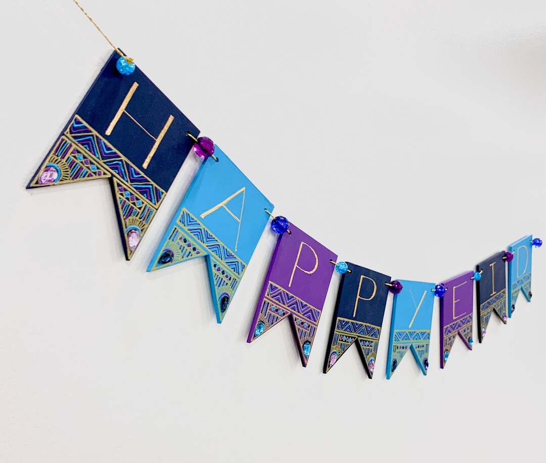 Banner Mdf Midnight Happy Eid MDF Banner | Blue Turquoise Purple Gold Gem | Hand ...