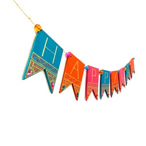 Sunset Happy Eid MDF Banner Teal Orange Pink Hand-Painted Party Decor image 1