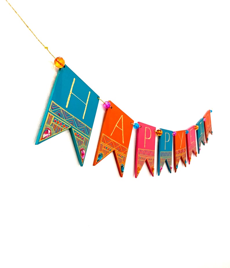 Sunset Happy Eid MDF Banner Teal Orange Pink Hand-Painted Party Decor image 1