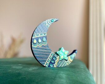 Dusk Ramadan Moon Star | Hand-painted Eid Decor Blue Teal Mint Green Gold