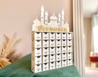 Aurora luxe houten ramadan-moskee aftelkalender, goud ivoorwit crème, handgeschilderd eid-cadeau kinderen kinderen activiteit