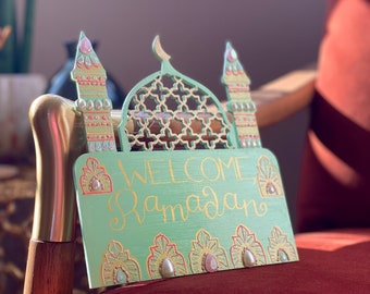 Dawn Double Ramadan & Eid Welcome Sign | Hand-Painted Decor Pink Mint Green Ivory Gold