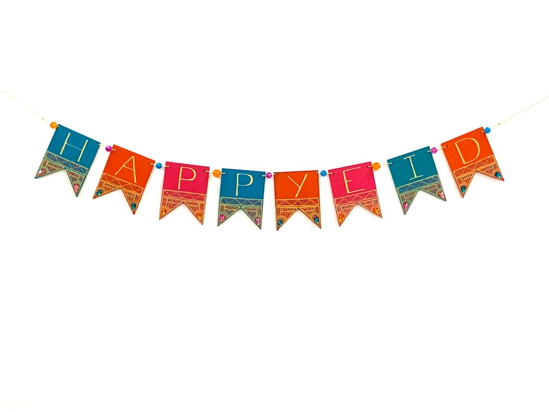 Sunset Happy Eid MDF Banner Teal Orange Pink Hand-Painted Party Decor image 2