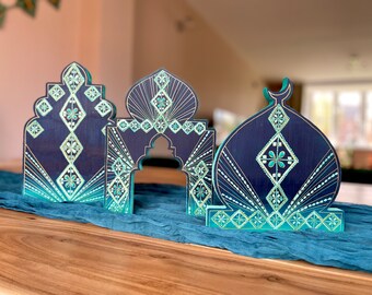 Dusk Imperial Arch, Masjid & Dome, Hand Painted Ramadan Eid Decorations  | Eid Decor Teal Blue Mint Green Gold
