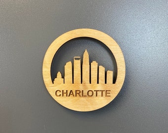 Imán de madera con el horizonte de Charlotte, imán de nevera cortado con láser, imán de madera con el paisaje urbano de Carolina del Norte, imán de nevera de recuerdo de la ciudad reina de Carolina del Norte