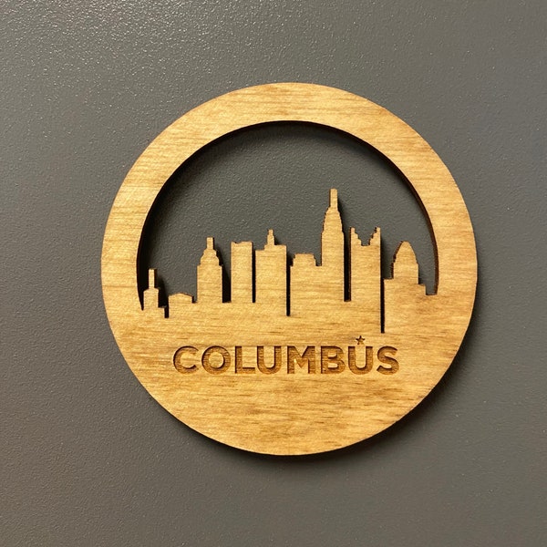 Columbus, Ohio City Skyline - Light Duty Wood Fridge Magnet - Laser Cut and Engraved - Baltic Birch