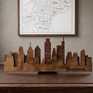 Small Philadelphia Skyline Wooden Sign - 3D Layered Laser Cut Wood Desk Decor - Philly Tabletop Wall Art - Rustic Philadelphia Handmade Gift