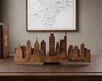 Small Philadelphia Skyline Wooden Sign - 3D Layered Laser Cut Wood Desk Decor - Philly Tabletop Wall Art - Rustic Philadelphia Handmade Gift