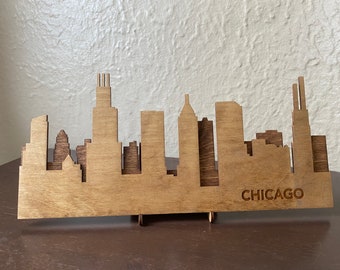 Small Chicago Skyline Wooden Sign - Rustic Illinois Sign Art - 3-D Layered Laser Cut Sign Wall Art - Handmade Sign - Gift Ideas
