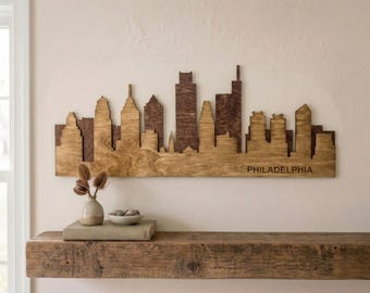 Letrero de madera con el horizonte de Filadelfia, arte de pared de Filadelfia, decoración rústica del horizonte de la ciudad, adorno de pared de Pensilvania, regalo de inauguración de casa