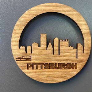Pittsburgh, Pennsylvania City Skyline - Heavy Duty Wood Fridge Magnet - Laser Cut and Engraved - Baltic Birch