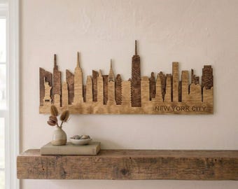 Cuadro decorativo con el horizonte de la ciudad de Nueva York, paisaje urbano de madera en capas 3D, regalo de Nueva York, decoración para el hogar en Manhattan, regalo de madera para el 5.º aniversario, arte neoyorquino cortado con láser.