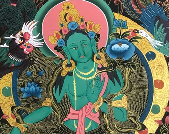 Beautiful Green Tara Thangka - Thanka handpainted in Nepal