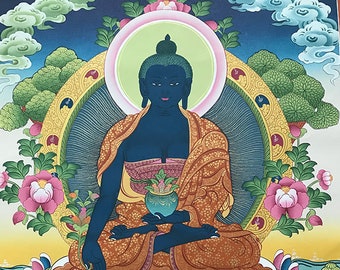 20” x 27” Magnificent Medicine Buddha Thangka - Thanka handpainted in Nepal